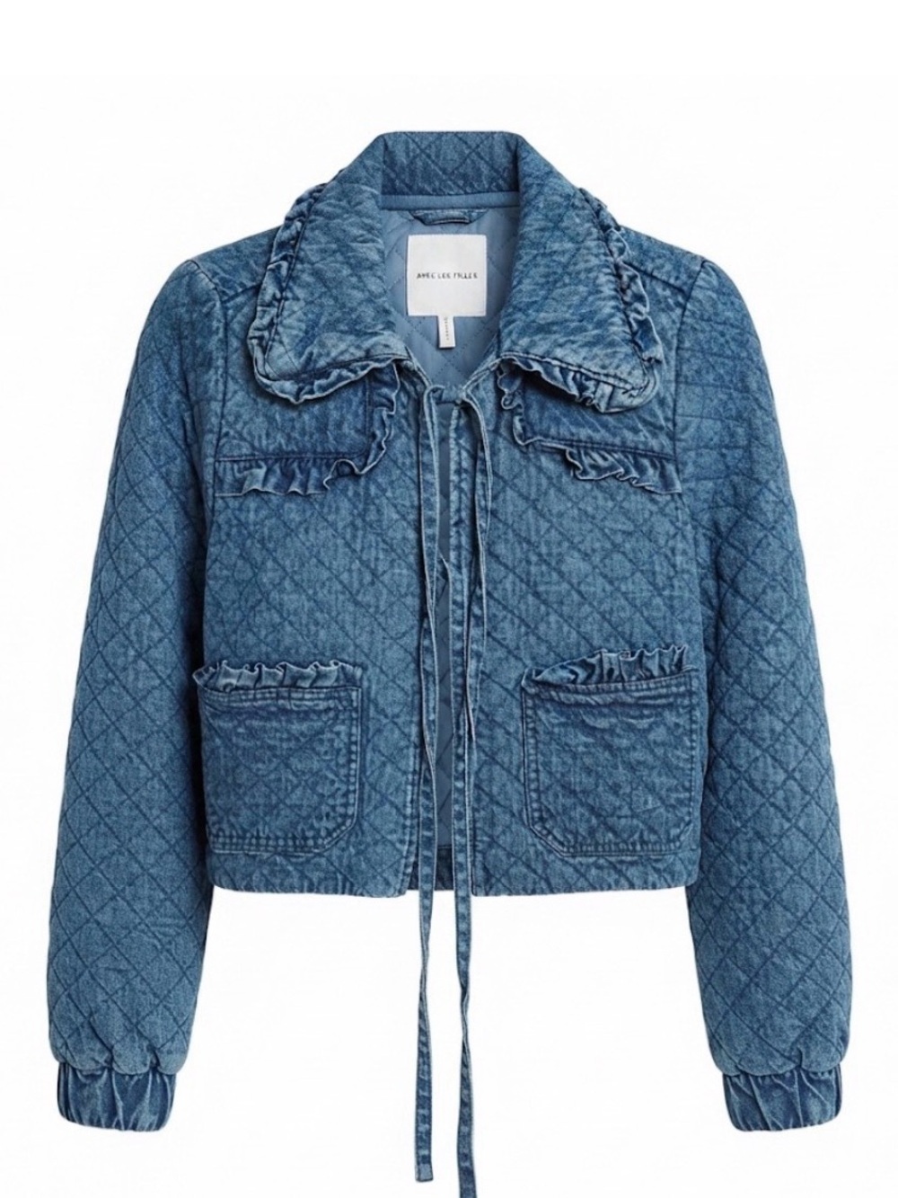 Avec Les Filles Blue Quilted Ruffle-Trim Tie-Front Jean Jacket
